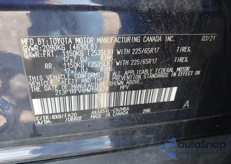 2021 Toyota Rav4 Xle z USA, uszkodzony, nr VIN 2T3P1RFV4MW190678